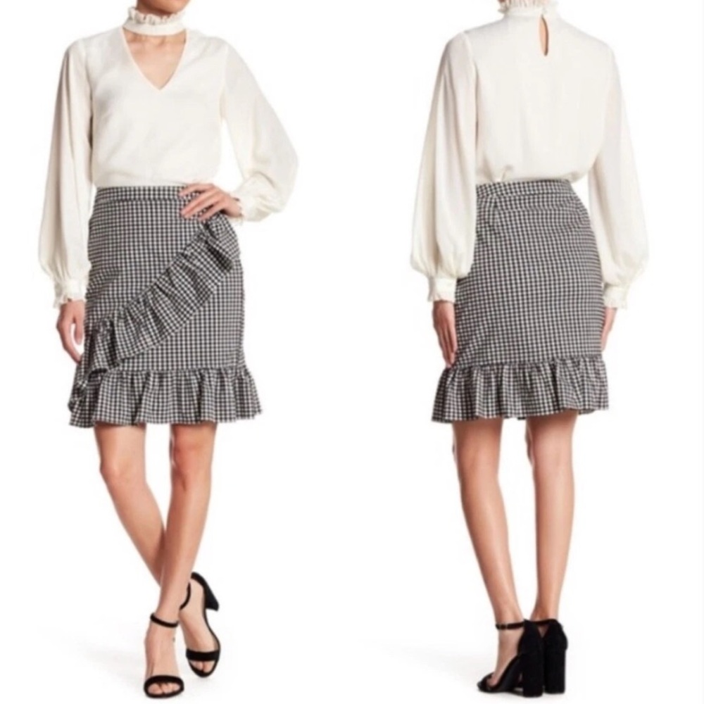 Nanette Lepore Gingham Black White Ruffled Pencil Skirt Size 6